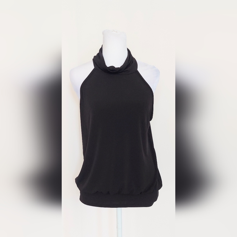 Kristin Nicole Banded Bottom Cowl Neck Knit Halter Top Black Size Small